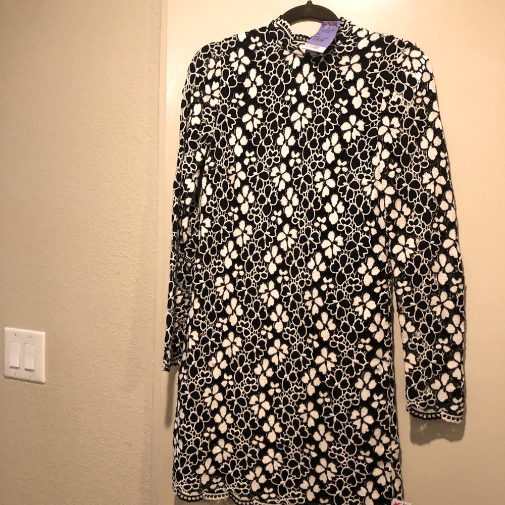 Black and White Heavy Lace Mock turtleneck Mini by Tracy Reese